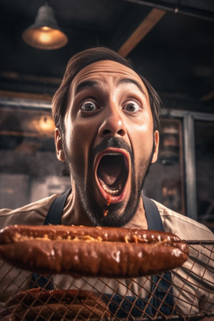 A piece of sausage is dipped in sauce Lunch in a restaurant a woman cuts Grilled sausages Barbecue restaurant menu a series of photos of different means : Generative AIの素材