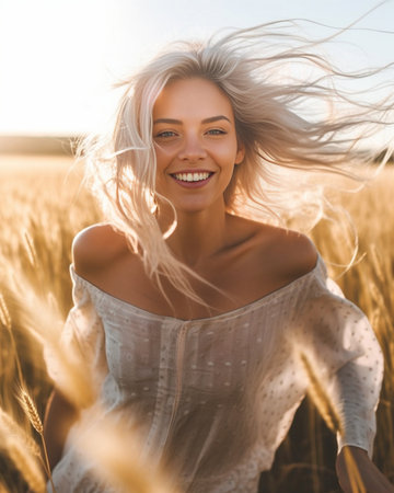 Blonde girl model on a wheat field Young woman enjoying nature Beautiful girl raising her hands in the rays of sunlight Sunlight : Generative AIの素材