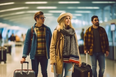 Bergamo Italy January 22 2019 Milan Bergamo International airport Travelers with luggage ready to board a Ryanair aircraft Lowcost carrier : Generative AIの素材