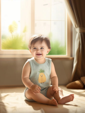 Adorable little baby seating on windowsill looking out the window : Generative AIの素材