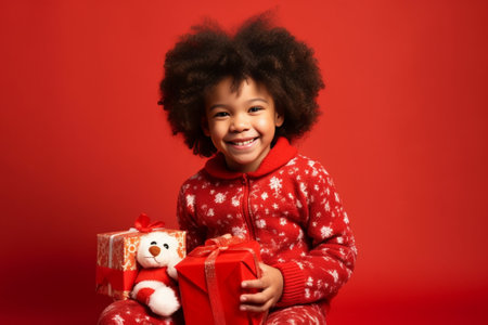 Christmas evening Little girl sitting and unwraps gifts coverallreindeer costume : Generative AIの素材