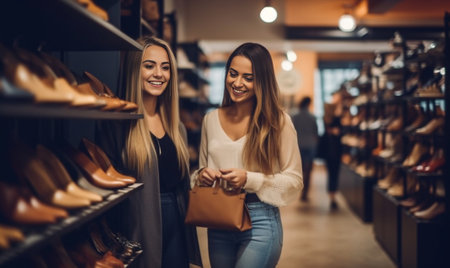 Beautiful girls are choosing clothes talking and smiling while doing shopping in boutique : Generative AIの素材