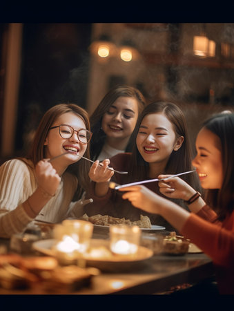 Clink glasses Five women Portrait of young people having breakfast at table in restaurant Champagne for Breakfast Talk and laugh live communication : Generative AIの素材