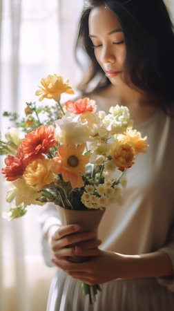 European floral shop Two Bouquet of beautiful Mixed flowers in woman hand Excellent garden flowers in the arrangement the work of a professional florist : Generative AIの素材