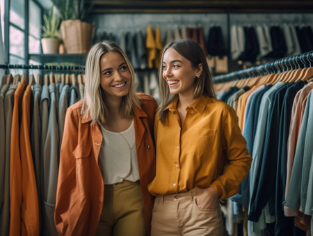 Beautiful girls are choosing clothes talking and smiling while doing shopping in boutique : Generative AIの素材