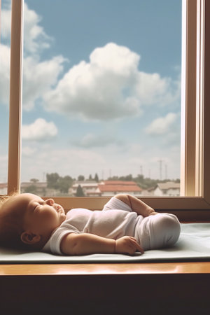 Adorable little baby seating on windowsill looking out the window : Generative AIの素材