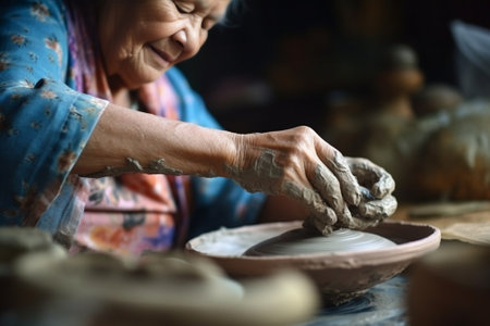 Dirty hand Craftsman hands making pottery bowl Woman working on potter wheel Family business shop sculpts pot from clay view top : Generative AIの素材