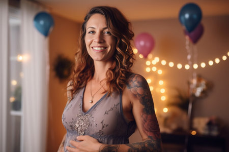 Cute pregnant mom stands at beautiful decorated Christmas terrace happy pregnancy time : Generative AIの素材