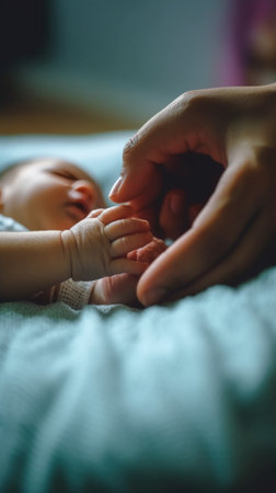 Feet of newborn baby Baby little feet in parents hand Feet skin care closeup Happy family conception : Generative AIの素材