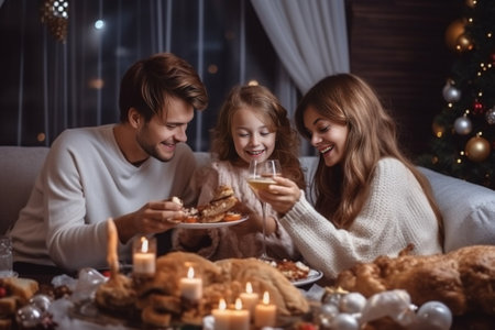 Happy young family in Christmas morning in home look at the camera Happy new year : Generative AIの素材