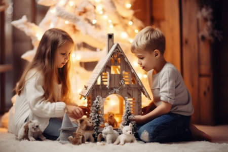 Hovel prepared for children Beautiful New Year decor of the children room Christmas house : Generative AIの素材