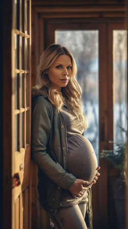 Cute pregnant mom stands at beautiful decorated Christmas terrace happy pregnancy time : Generative AIの素材