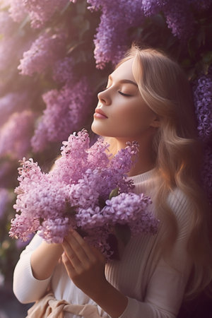 Lilac and pink pastel beautiful spring bouquet Young girl holding a flower arrangement with various flowers Bright dawn or sunset sun : Generative AIの素材