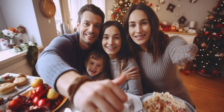 Happy young family in Christmas morning in home dad kisses daughter Happy new year : Generative AIの素材