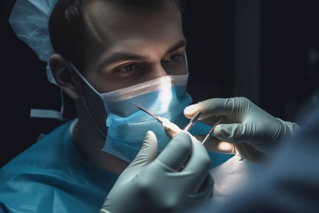 Focus on the lamp the doctor turns lights Young man dentist in dental clinic Medicine health stomatology concept dentist treating a patient : Generative AIの素材