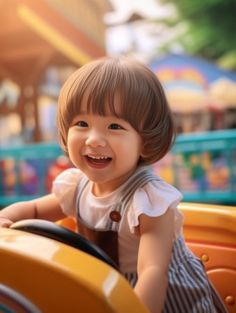Little girl playing she is a car driver holding steering wheel on playground A sunny summer evening a fun childhood : Generative AIの素材