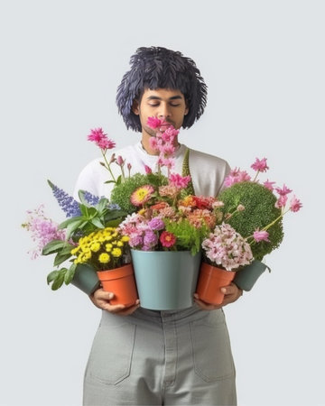 Male florist Step by step installation of flowers in a vase Flowers bunch set for home Fresh cut flowers for decoration home European floral shop Delivery fresh cut flowe : Generative AIの素材