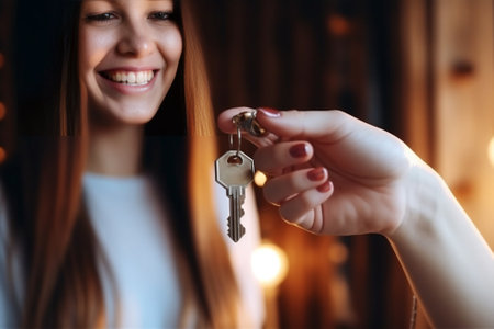 House key rotates on the finger in womans hands Young pretty woman smiles Modern light lobby interior Real estate hypothec moving home or renting property : Generative AIの素材