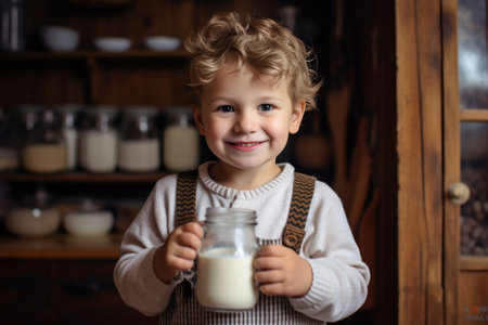 Little boy are smiling while having a breakfast in kitchen Mom is pouring milk into glass : Generative AIの素材