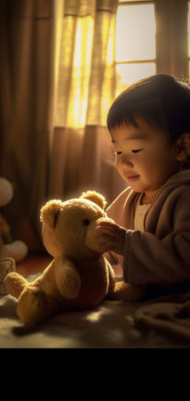 Little baby crawling from his father staying on terrace a teddy bear in her hand playing at home : Generative AIの素材
