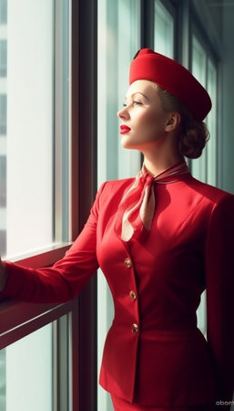Stewardess in red uniform arrives in a hotel room with black suitcase Rest in the transit city before the return flight Young blond Woman in red coral suit : Generative AIの素材