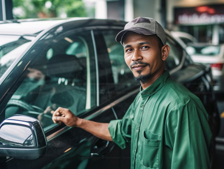 Technician is changing windscreen wipers on a car station : Generative AIの素材