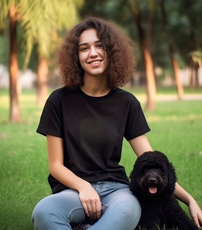 Young cute girl training a dog Russian Spaniel Black doggie gives his paw to her owner Happy owner woman with dog trains on the grass in summer day : Generative AIの素材