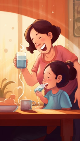 The boy drinks milk from a glass Mother and son are smiling while having a breakfast in kitchen Mom is pouring milk into glass : Generative AIの素材