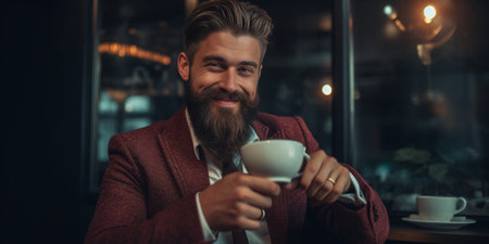 Young man with beard wearing a suit in the glasses drinking coffee from a Cup Successful people businessman in comfortable cafe : Generative AIの素材