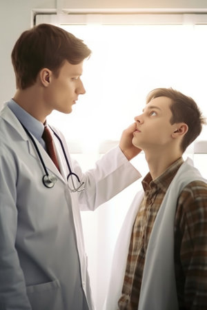 otolaryngologist Very attentive medical worker looking at nose of his visitor : Generative AIの素材