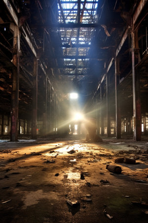A photo of the interior of an old recovered industrial building star light : Generative AIの素材