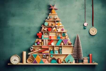 Alternative wooden christmas tree A handmade Christmas tree and light bulb on the floor in the room : Generative AIの素材