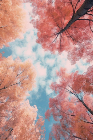 Colorful foliage in the autumn park Fall leaves sky background vintage color : Generative AIの素材