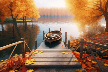 Autumn on the River boat and yellow foliage footbridge : Generative AIの素材