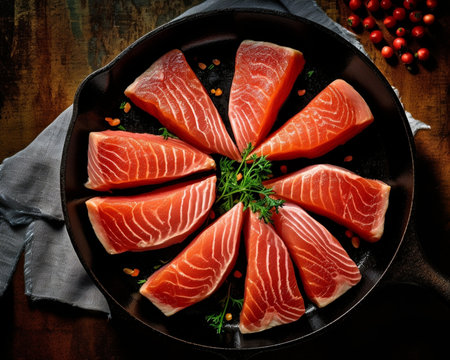 Closeup of roasted salmon steaks in a frying pan top view Fresh seafood for frying : Generative AIの素材