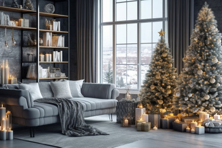 Calm image of interior modern home living room decorated christmas tree and gifts sofa table covered with blanket : Generative AIの素材