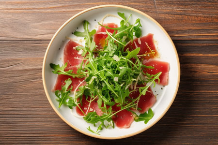 Carpaccio beef steak salad Summer launch healthy eating concept white plate with sauce salad served in italian style : Generative AIの素材