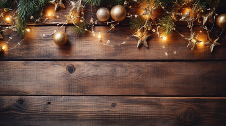 Christmas decoration on old grunge wooden board warm gold garland lights : Generative AIの素材