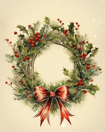 Christmas floral wreath decoration with baubles red bow holly and winter greenery over oak background : Generative AIの素材