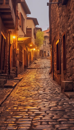 Cobble stone street background at sunset Italy Europe : Generative AIの素材