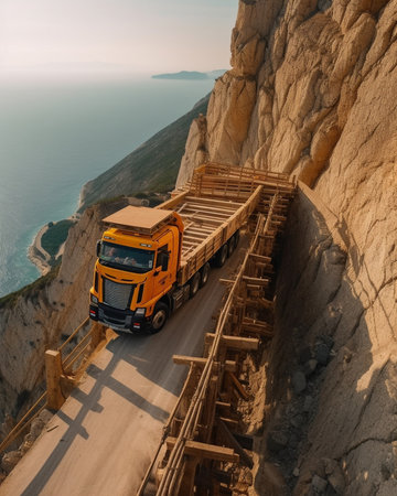 Construction Work in the highlands Transportation by dump manipulator trucks Transport industry Truck is driving along a mountain road : Generative AIの素材
