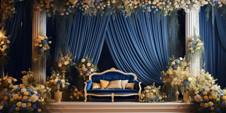 Flower arrangement Beautiful and exquisite decoration of the wedding celebration Blue sofa Luxury dinner Banquet in the restaurant : Generative AIの素材
