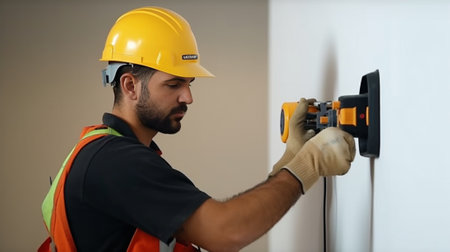 One electrician worker at wiring cable and light switch or power wall outlet socket installation work : Generative AIの素材