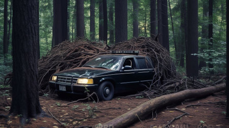 clean empty trunk of black hatchback in a forest : Generative AIの素材