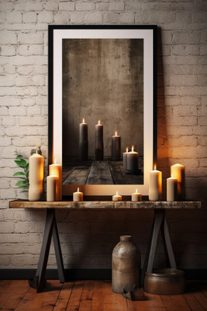photo Studio Loft interior with mirror candles brick wall large window living room in modern design : Generative AIの素材