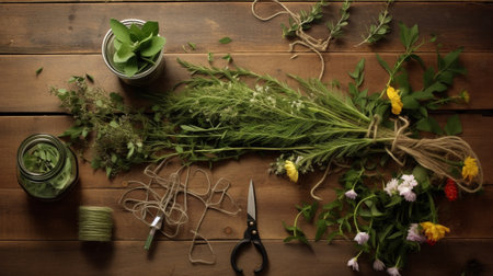 Woman hands make bouquet of mimosa bandages twine and Gardening scissors on rustic wooden table : Generative AIの素材