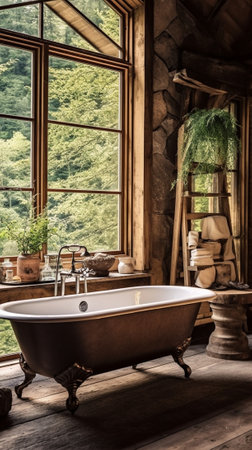 The bathroom in a rustic log cabin in the mountains with a beautiful interior house of pine logs : Generative AIの素材