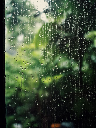 Window covered with rain drops on dull autumn day view of palm tree behind the outdoors Main focus blurred defocused background : Generative AIの素材