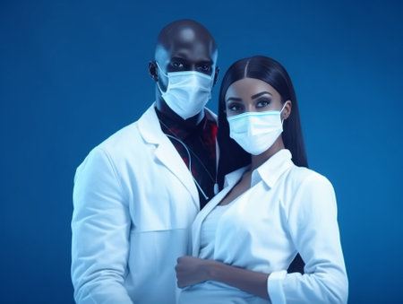 Young African American male doctor dentist in a medical mask Beautiful girl patient at chair at dental clinic Medicine health stomatology concept dentist conducts inspect : Generative AIの素材