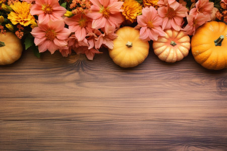 flower arrangement in pumpkin on the table of wooden planks : Generative AIの素材